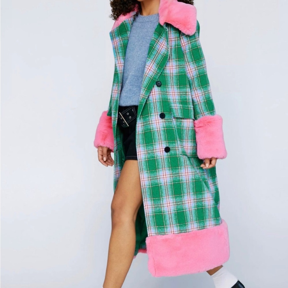 Plaid green & pink fur lined coat
